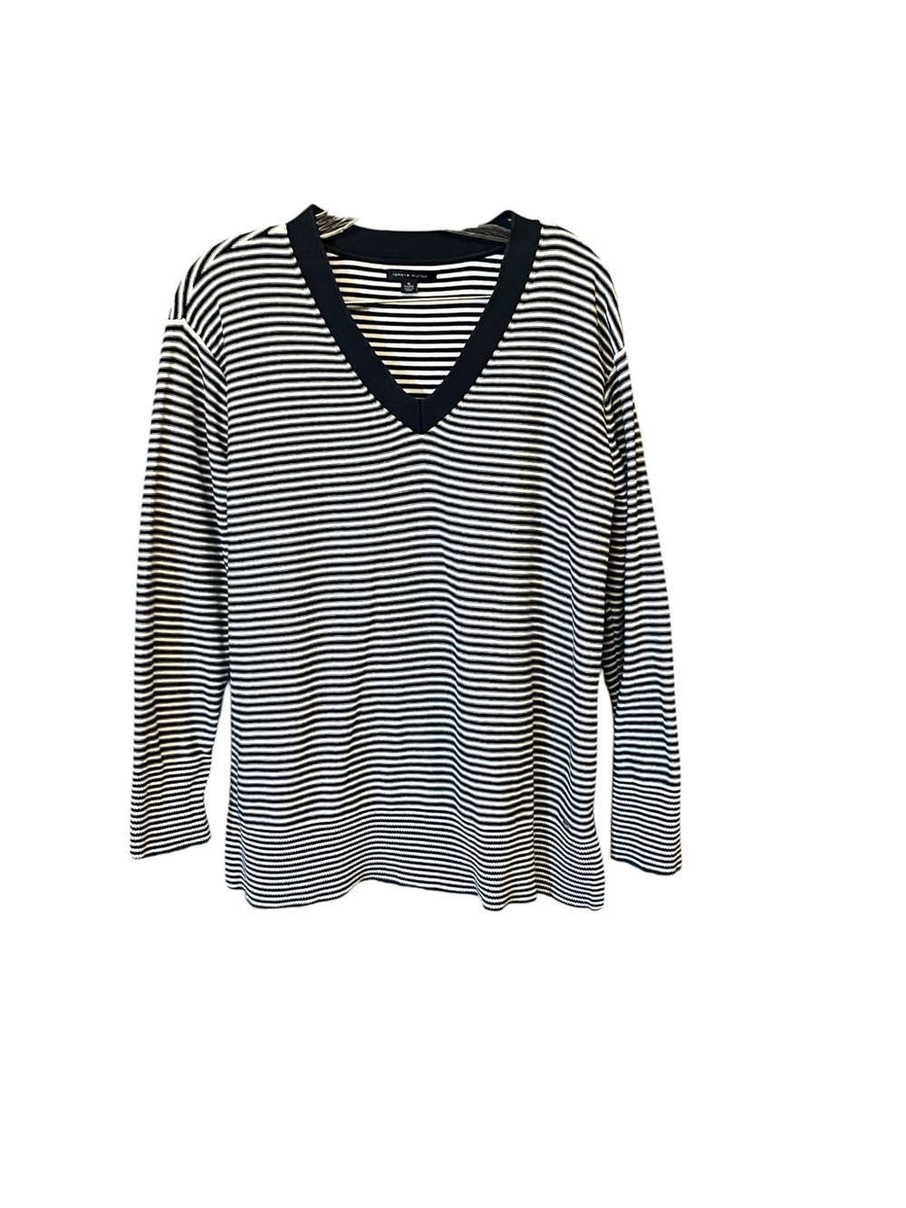 Tommy Hilfiger Tunic Sweater Women’s XL Navy White Stripe V Neck Cotton Knit